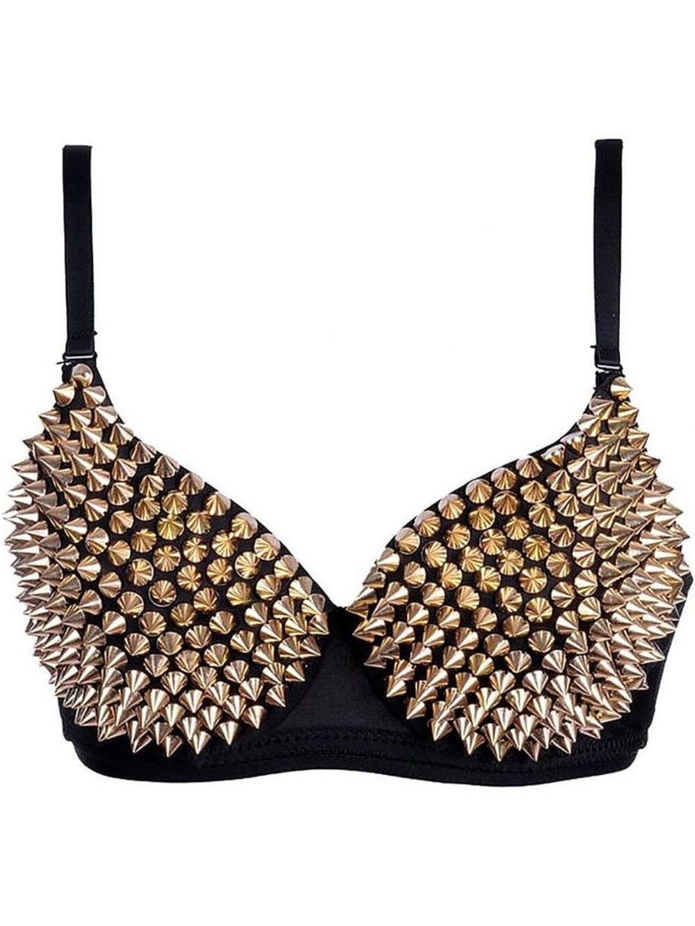 Women's Gold Hook & Loop Steampunk Spike Studded Rivet Rave SOLID Sport Bra